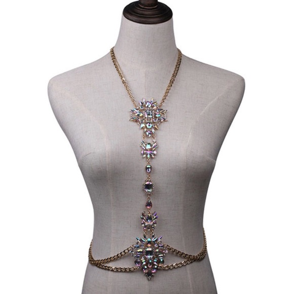Boho Long Crystal Rhinestone Body Necklace Harness - Picture 6 of 16